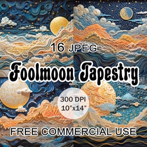 Vollmond Gobelin Clipart, Nachthimmel Faux Stickerei Kunst, Sternennacht himmlische Clipart, Ästhetischer Wandteppich Clipart