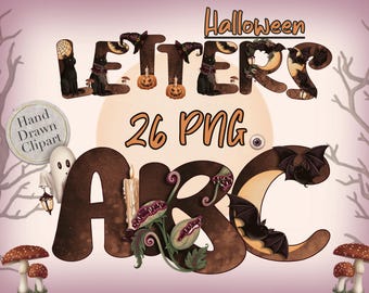Cute Halloween alphabet clipart, Dark aesthetic hand drawn Halloween letters png bundlle, Printable font with Halloween candy, Pumpkin & Bat