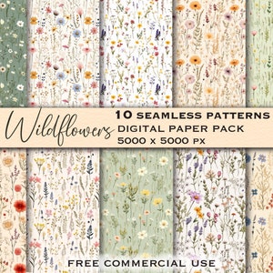 Conjunto de padrões de flores silvestres sem costura, pacote de papel digital floral, pacote de design sem costura de flores, clipart de flores silvestres, arte de flores secas prensadas
