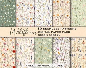 Seamless wildflower patterns set, Floral digital paper pack, Flower seamless design bundle, Wildflower clipart, Dried pressed flowers art
