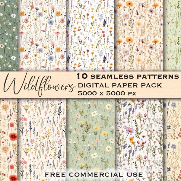 Seamless wildflower patterns set, Floral digital paper pack, Flower seamless design bundle, Wildflower clipart, Dried pressed flowers art
