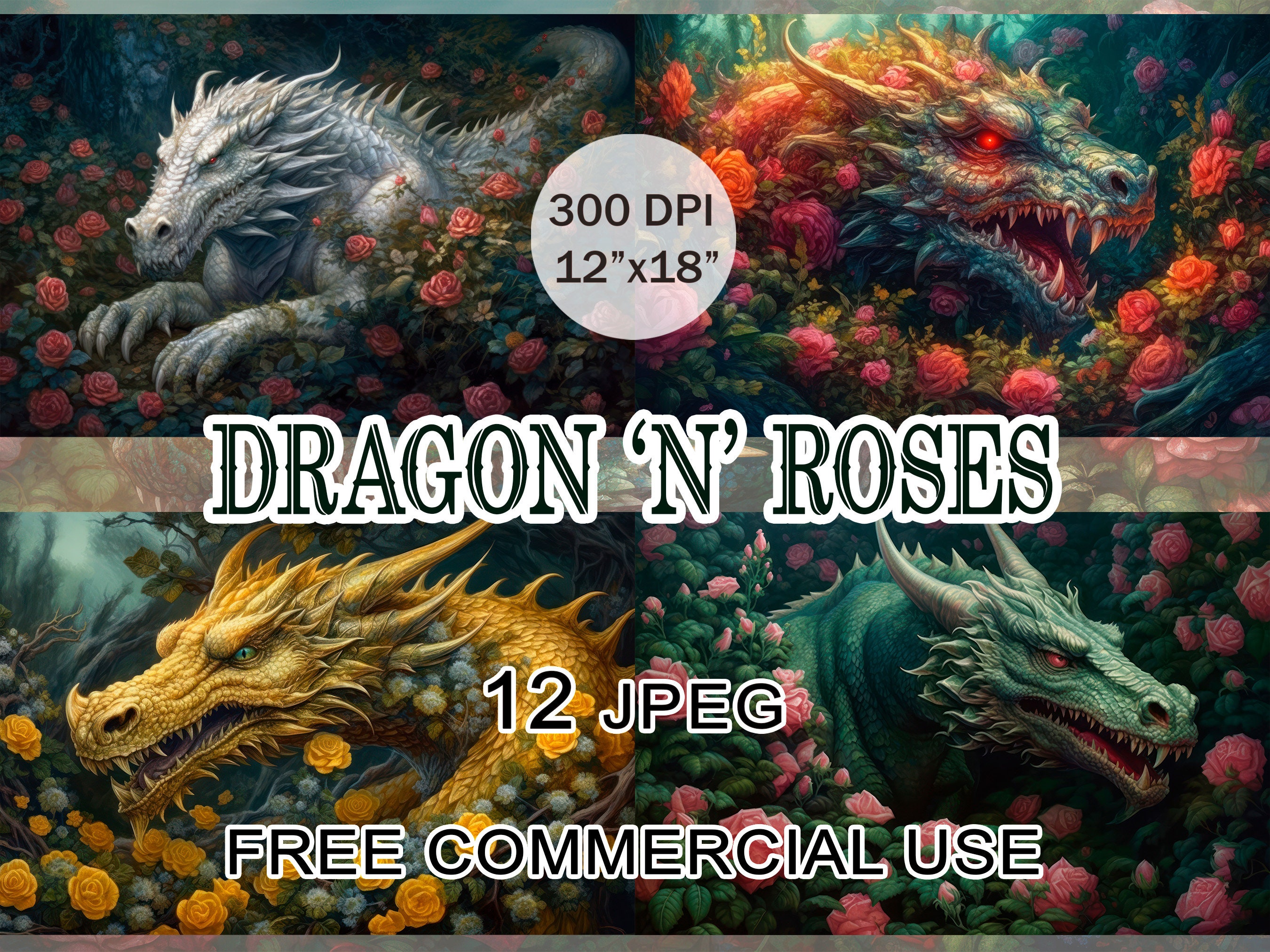Dragon and Roses Clipart, Fantasy Floral Landscape Images, Fairy