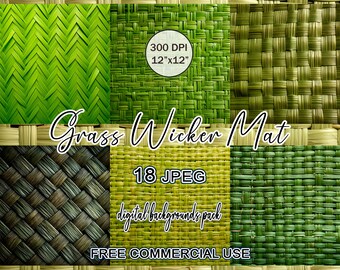 Wicker Grass Mat Digital Background Clipart Bundle, Wicker rattan grass backdrop, Wicker basket paper, Green grass digital paper pack