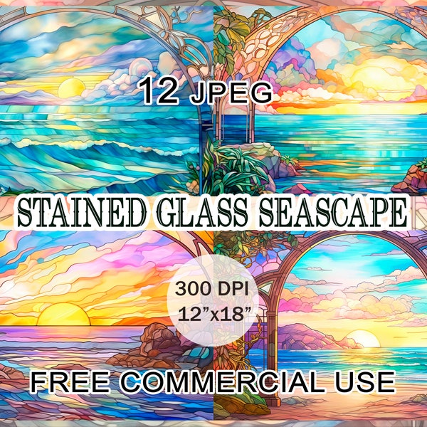 Stained glass seascape clipart, Coastal landscape artwork bundle, Art nouveau seaside sunset printable images pack, Free commercial use