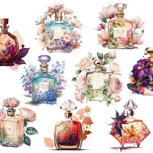 May include: A collection of ten perfume bottles with floral designs. Each bottle has a unique design and color scheme, including red, blue, gold, and white. The bottles are surrounded by flowers, including roses, lilies, and pansies.