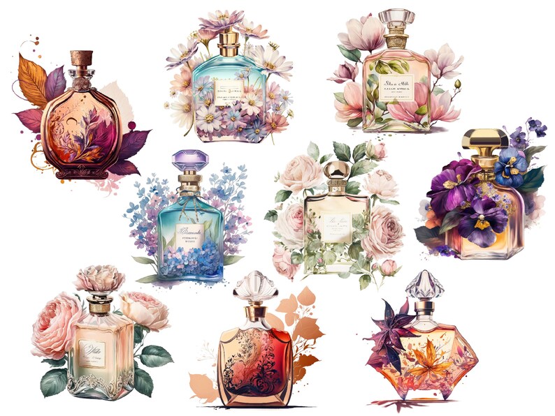 May include: A collection of ten perfume bottles with floral designs. Each bottle has a unique design and color scheme, including red, blue, gold, and white. The bottles are surrounded by flowers, including roses, lilies, and pansies.