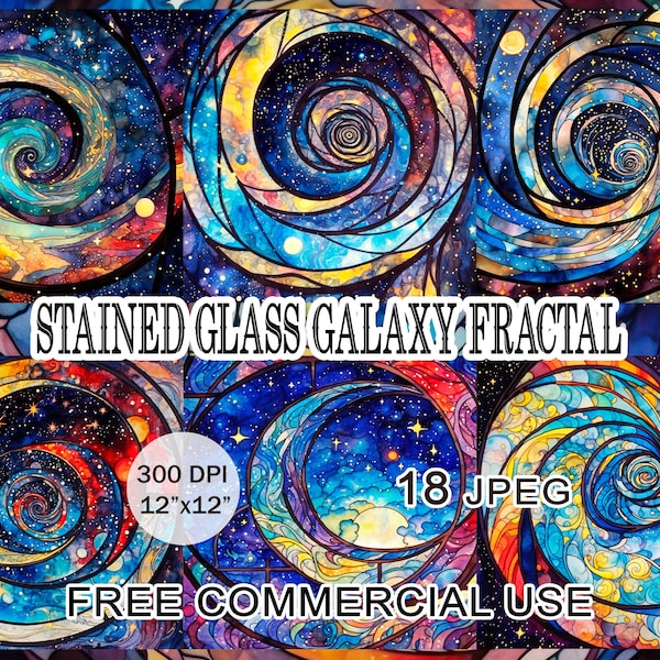 Stained glass galaxy fractal clipart, Styled space artwork bundle, Art nouveau fantasy celestial printable images pack, Free commercial use