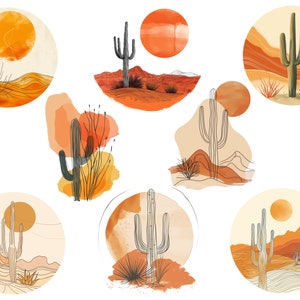 May include: Nine illustrations of desert landscapes with cacti in various styles. The illustrations feature a variety of colors, including orange, yellow, brown, and green. The cacti are drawn in a minimalist style with thin lines.