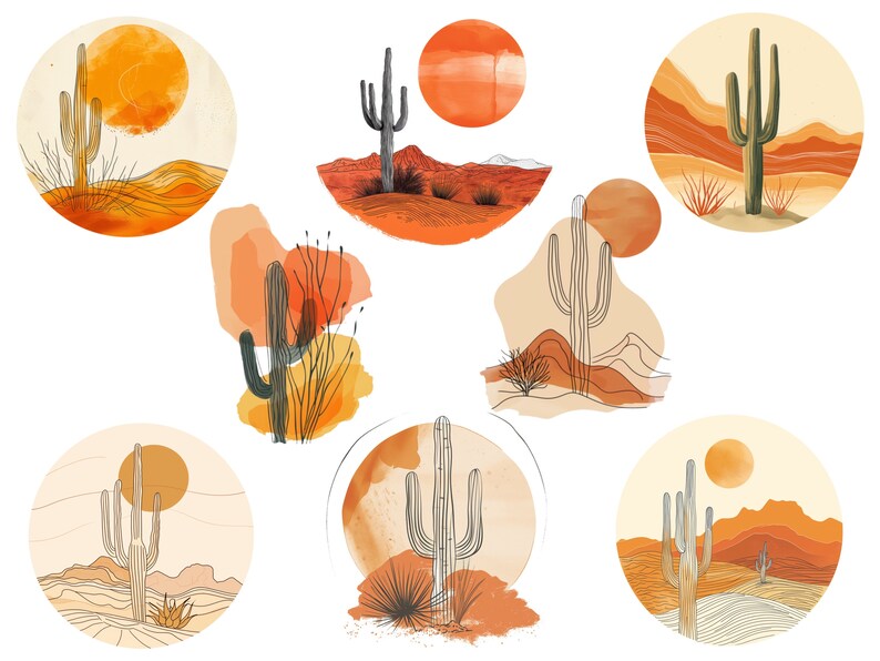 May include: Nine illustrations of desert landscapes with cacti in various styles. The illustrations feature a variety of colors, including orange, yellow, brown, and green. The cacti are drawn in a minimalist style with thin lines.