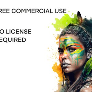 May include: A digital painting of a woman with green, yellow, and orange paint on her face. She is wearing a headdress with feathers. The background is a watercolor wash of green, yellow, and orange. The text "FREE COMMERCIAL USE. NO LICENSE REQUIRED" is visible in the top left corner of the image.