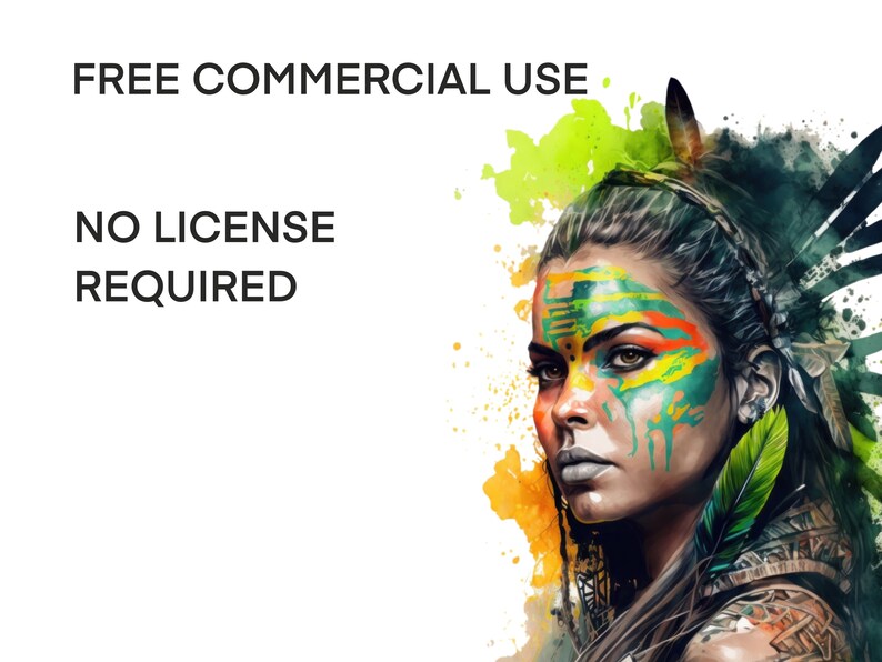 May include: A digital painting of a woman with green, yellow, and orange paint on her face. She is wearing a headdress with feathers. The background is a watercolor wash of green, yellow, and orange. The text "FREE COMMERCIAL USE. NO LICENSE REQUIRED" is visible in the top left corner of the image.