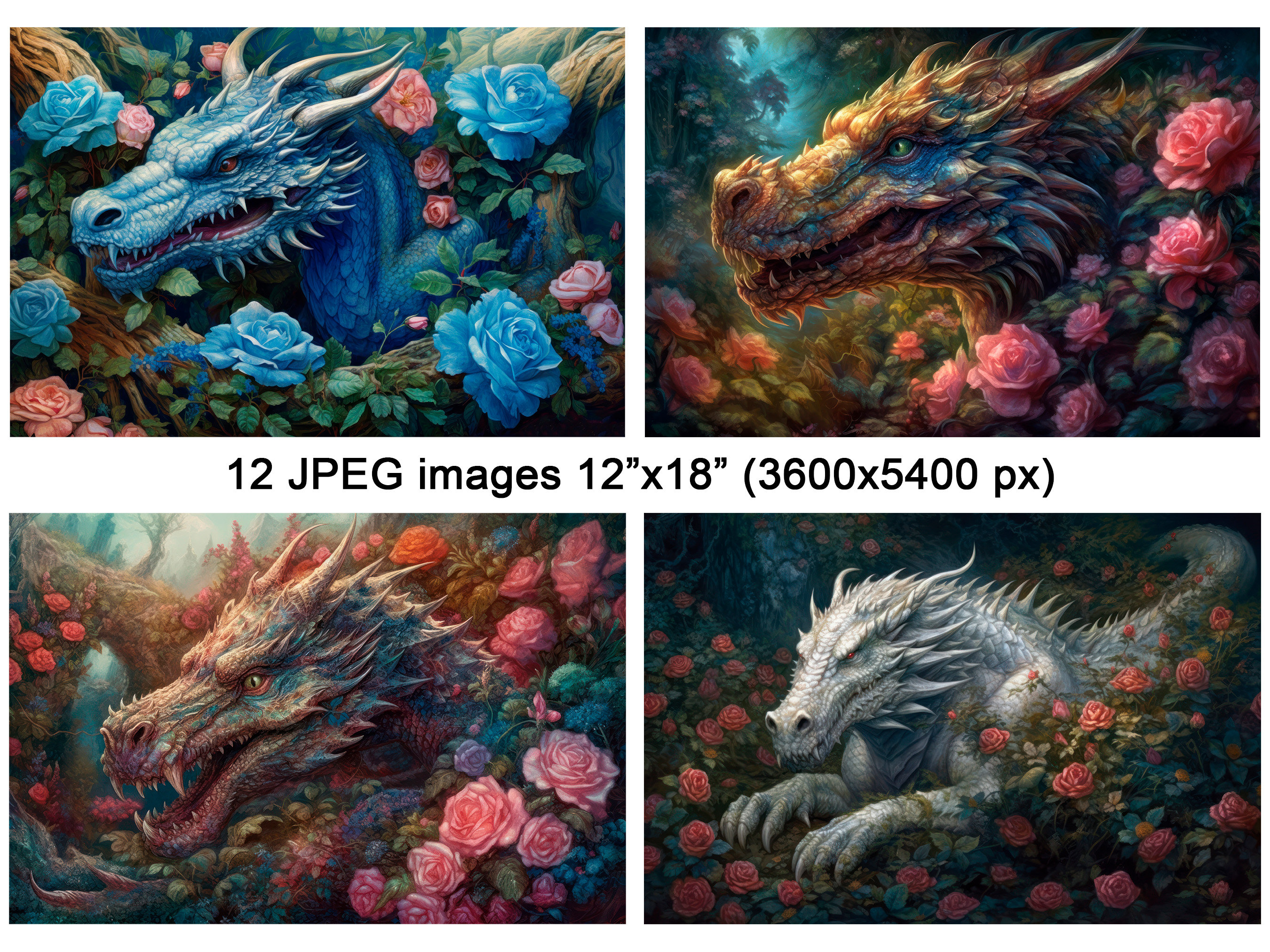Dragon and Roses Clipart, Fantasy Floral Landscape Images, Fairy