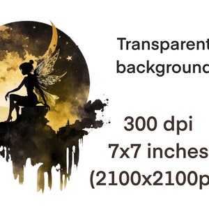 May include: A black silhouette of a fairy sitting on a rock with wings spread out. The fairy is in front of a large, golden moon with a crescent shape. The background is a watercolour wash of black and gold.
