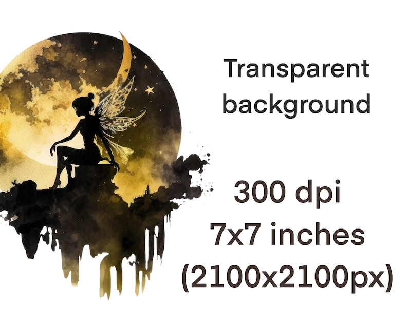 May include: A black silhouette of a fairy sitting on a rock with wings spread out. The fairy is in front of a large, golden moon with a crescent shape. The background is a watercolour wash of black and gold.