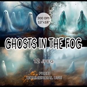Ghosts in the fog clipart, Misty landscape images, Scary Enchanted Forest Halloween bundle for design, collage, prints, Free commercial use