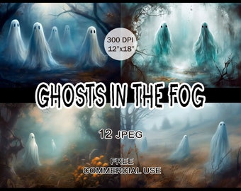 Ghosts in the fog clipart, Misty landscape images, Scary Enchanted Forest Halloween bundle for design, collage, prints, Free commercial use