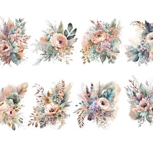 May include: Eight watercolor illustrations of floral bouquets with a boho theme. Each bouquet features a mix of blush pink, lavender, and sage green flowers, along with dried grasses and feathers.