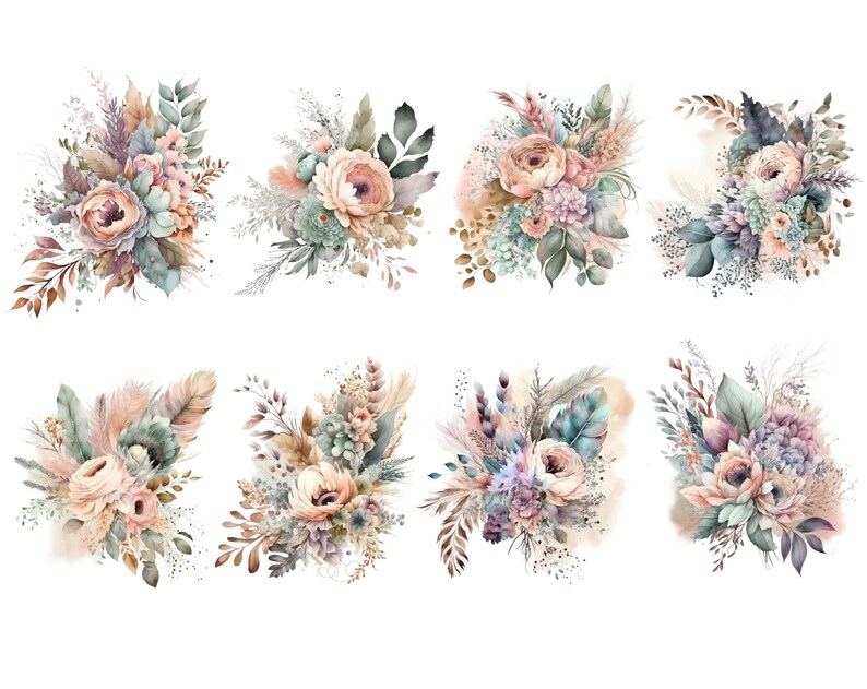 May include: Eight watercolor illustrations of floral bouquets with a boho theme. Each bouquet features a mix of blush pink, lavender, and sage green flowers, along with dried grasses and feathers.