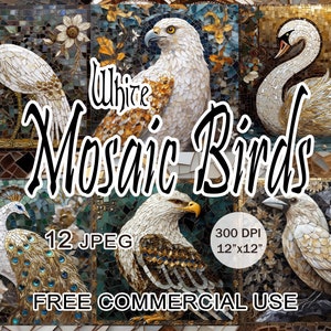 Clipart oiseaux en mosaïque blanche, lot d'images de races d'oiseaux, oeuvre d'art en carreaux de mosaïque numérique, cartes imprimables haute résolution, usage commercial gratuit
