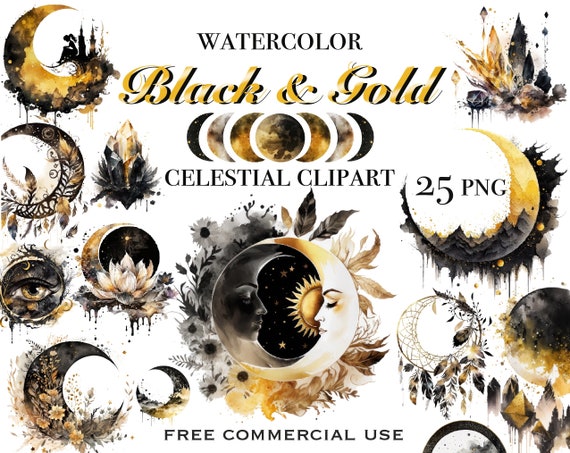 Stay Wild Moon Child PNG Clipart Bundle, Black and Gold Night Sky Art, Celestial Astrology Crescent Moon Images Set, Digital Downloads