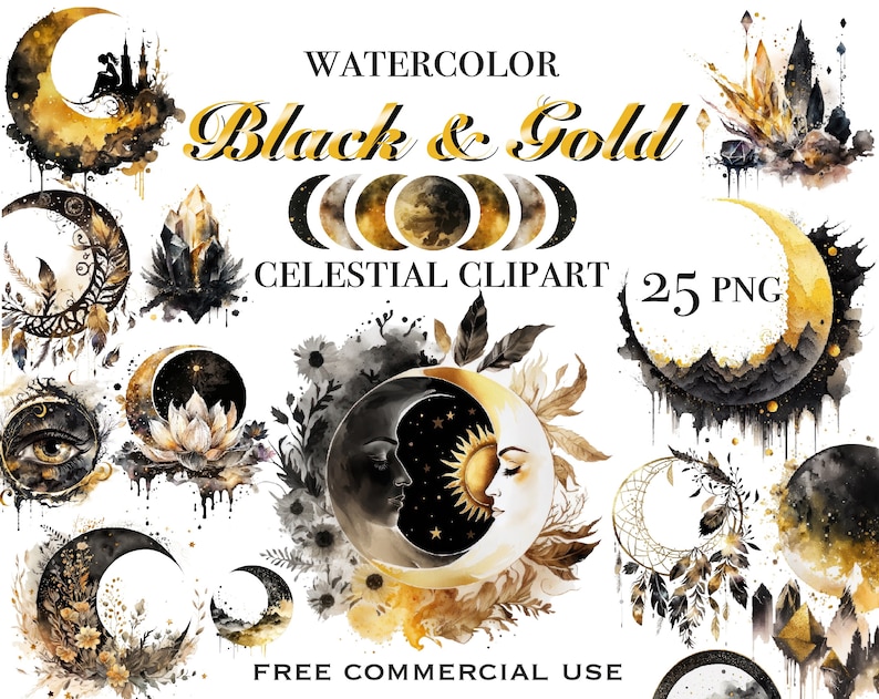 May include: Watercolour clipart set of 25 black and gold celestial illustrations. The set includes moons, stars, crystals, and other celestial elements. Free commercial use.