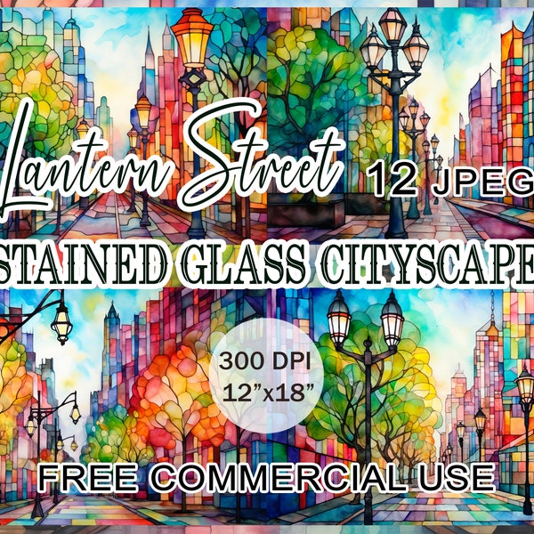 Lantern street clipart, Stained glass cityscape, Modern city artwork, Art nouveau urban landscape printable images, Free commercial use