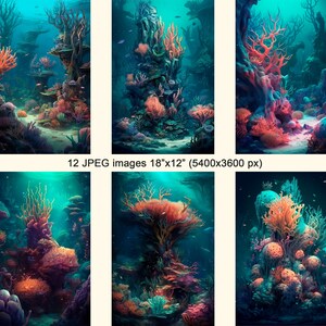 Puede incluir: Una escena submarina vibrante con arrecifes de coral en tonos naranja, rosa y morado. Las formaciones de coral est&aacute;n rodeadas de agua azul y peces peque&ntilde;os.