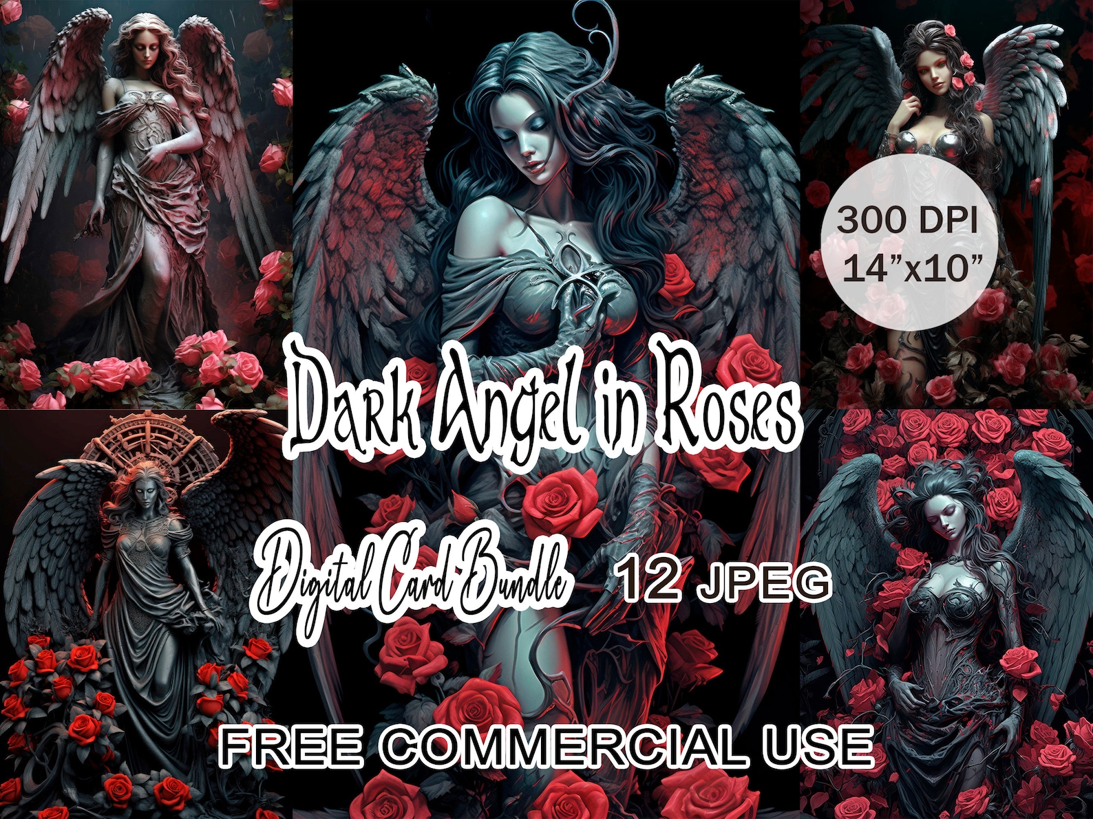 Angels With Roses Detailed Design Dark Angel in Roses Clipart, Red Roses Angels Printable Artwork, High ...