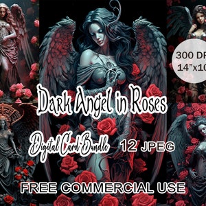 Dark Angel in Roses Clipart, druckbare Kunstwerke mit roten Rosen, hochauflösende digitale Karten, Gothic Engel Design, kostenlose kommerzielle Nutzung