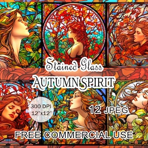 Espírito do outono Clipart de vitral, Folhas de outono, Impressão art nouveau, Pacote de retrato místico, Papel digital de garota de outono, Uso comercial gratuito
