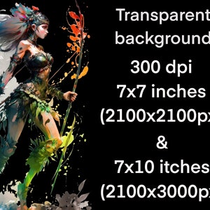 May include: A digital illustration of a woman with long, flowing hair, wearing a green and brown outfit, holding a spear. The background is a colorful splatter of paint.