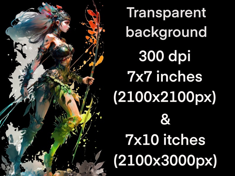 May include: A digital illustration of a woman with long, flowing hair, wearing a green and brown outfit, holding a spear. The background is a colorful splatter of paint.