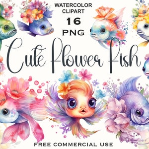 Watercolor flower fish clipart, Cute fish clipart, Fish png, Cute floral clipart, Flower clipart, Cute clipart, Watercolor clipart