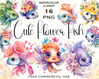 Watercolor Flower Fish Clipart: 16 PNG Files (Digital Download)