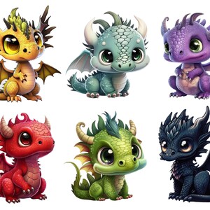 May include: Six cartoon baby dragons with large eyes and wings. The dragons are in various colours, including yellow, green, purple, red, and blue.