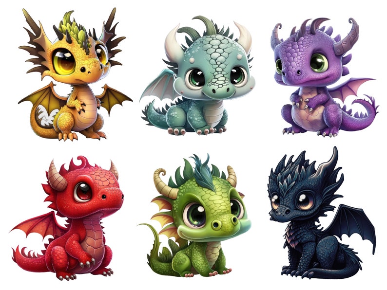 May include: Six cartoon baby dragons with large eyes and wings. The dragons are in various colours, including yellow, green, purple, red, and blue.
