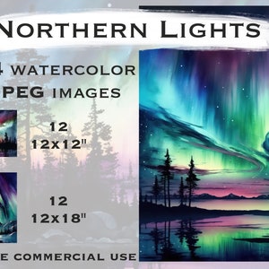 Northern lights jpg, Digital background, Watercolor mountains, Lake clipart, Landscape art, Watercolor clipart, Digital paper jpg