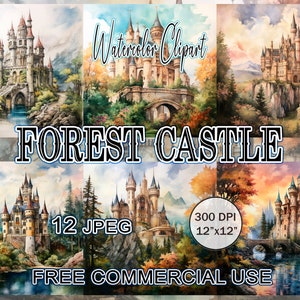Forest castle clipart, Watercolor landscape clipart, Medieval castle art, Fantasy medieval landscape clipart, Fairytale enchanted forest art