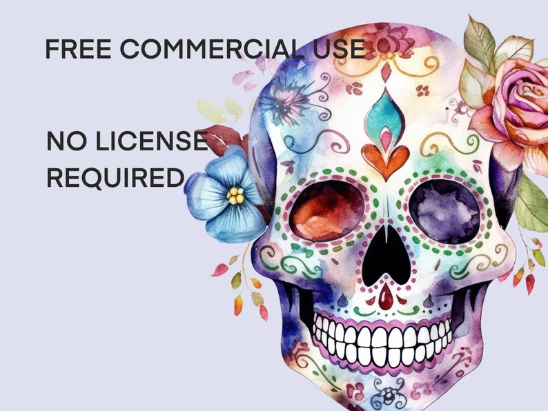 Puede incluir: Una ilustraci&oacute;n acuarela colorida de una calavera de az&uacute;car con flores. La calavera tiene un fondo blanco con detalles coloridos y un coraz&oacute;n rosa. Las flores son azules, rosas y verdes. El texto "FREE COMMERCIAL USE NO LICENSE REQUIRED" es visible en la imagen.