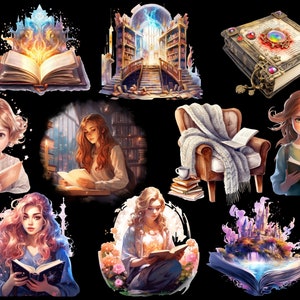 May include: A collection of illustrations featuring people reading books in various settings. The illustrations include a book with a glowing magical castle, a book with a magical forest, a book with a library, a book with a cozy armchair, a book with a girl reading in a library, a book with a girl reading in a forest, a book with a girl reading in a castle, and a book with a girl reading in a cozy armchair.