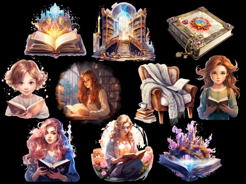 May include: A collection of illustrations featuring people reading books in various settings. The illustrations include a book with a glowing magical castle, a book with a magical forest, a book with a library, a book with a cozy armchair, a book with a girl reading in a library, a book with a girl reading in a forest, a book with a girl reading in a castle, and a book with a girl reading in a cozy armchair.