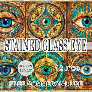 Puede incluir: Un conjunto de 12 imágenes digitales con diseños de vitrales de ojos. Cada imagen mide 30,5 cm por 30,5 cm y 300 DPI. Las imágenes son de uso comercial gratuito.