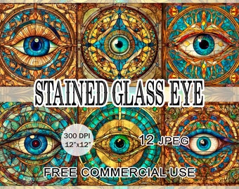Gebrandschilderd glas oogornament clipart, bundel Victoriaans geschilderd oogontwerp tegels, afdrukbare art nouveau-afbeeldingen voor collage, gratis commercieel gebruik
