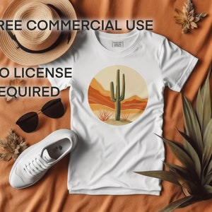 May include: White t-shirt with a graphic of a cactus in a desert landscape. The text "FREE COMMERCIAL USE NO LICENSE REQUIRED" is printed on the top of the image.
