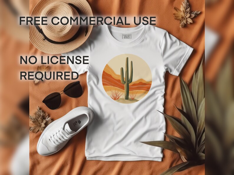 May include: White t-shirt with a graphic of a cactus in a desert landscape. The text "FREE COMMERCIAL USE NO LICENSE REQUIRED" is printed on the top of the image.