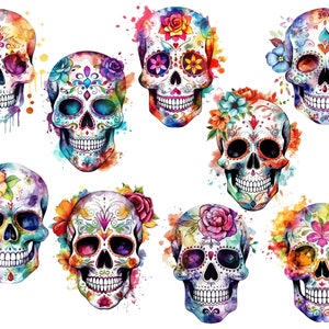 Puede incluir: Nueve calaveras de az&uacute;car coloridas con dise&ntilde;os florales y acentos de acuarela. Las calaveras est&aacute;n pintadas en varios tonos de rosa, azul, verde, amarillo y morado.