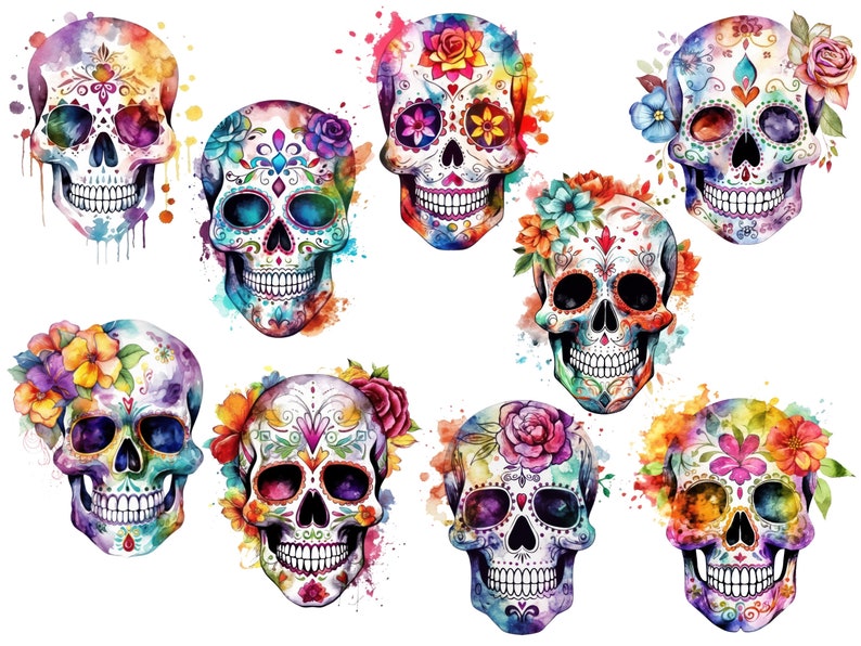 Puede incluir: Nueve calaveras de az&uacute;car coloridas con dise&ntilde;os florales y acentos de acuarela. Las calaveras est&aacute;n pintadas en varios tonos de rosa, azul, verde, amarillo y morado.