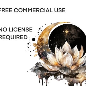 May include: Watercolour painting of a white lotus flower with a crescent moon and stars in the background. The text "FREE COMMERCIAL USE NO LICENSE REQUIRED" is written above the image.