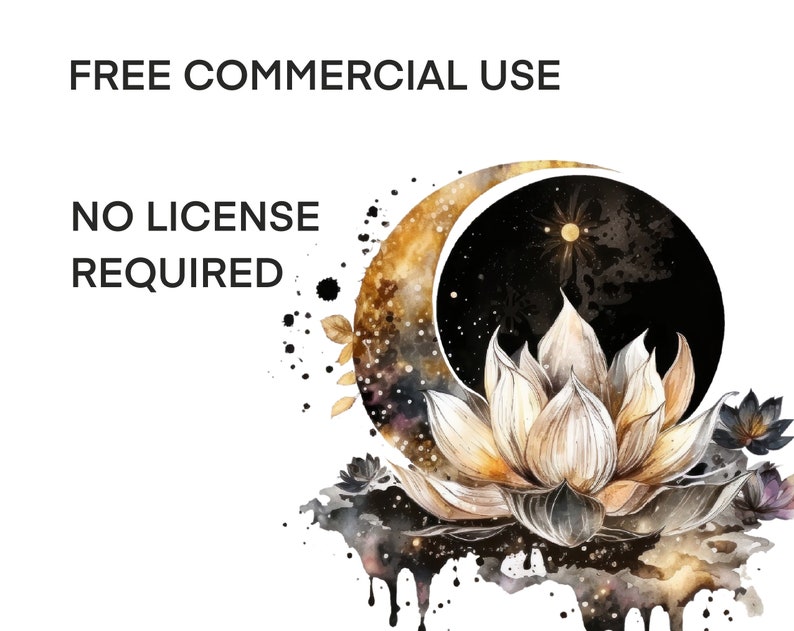 May include: Watercolour painting of a white lotus flower with a crescent moon and stars in the background. The text "FREE COMMERCIAL USE NO LICENSE REQUIRED" is written above the image.
