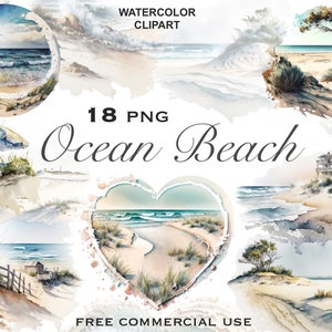Clipart de praia oceânica, clipart de praia de areia, praia em aquarela png, praia de mar png, clipart de viagens, clipart de oceano, arte digital de praia